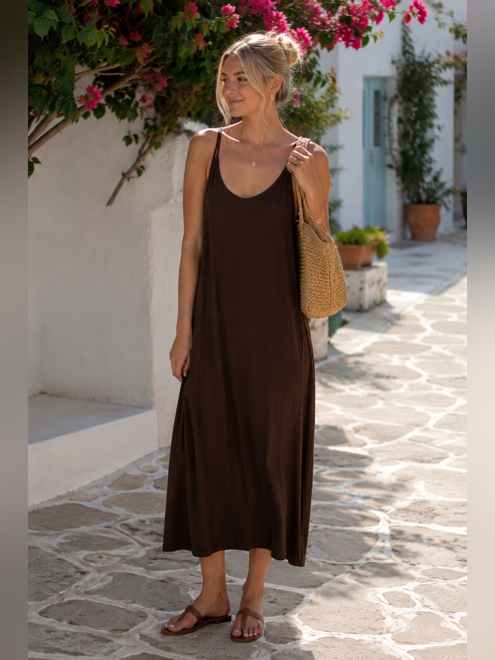 H&M Ribbed Rich Brown Midi Slip Dress spaghetti strap Size Large